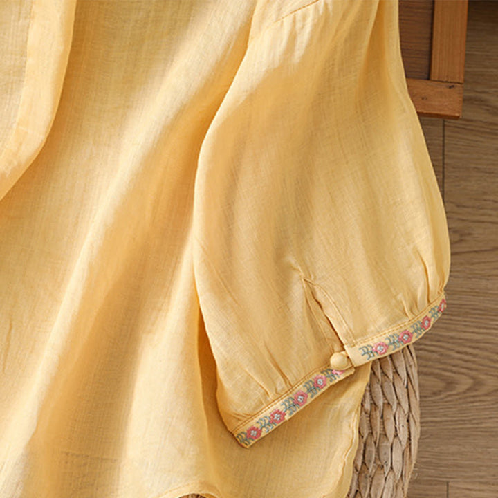 Buddha Stones Embroidery Button Three Quarter Sleeve Notched Neck Women's Cotton Shirt - image 6