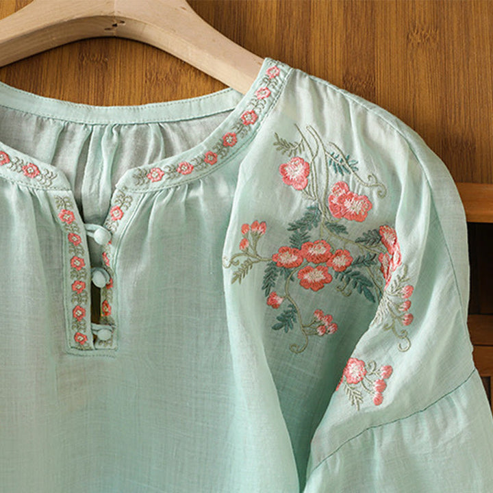 Buddha Stones Embroidery Button Three Quarter Sleeve Notched Neck Women's Cotton Shirt - image 28