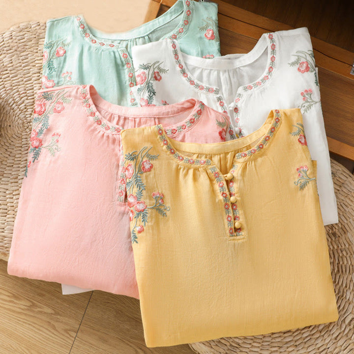 Buddha Stones Embroidery Button Three Quarter Sleeve Notched Neck Women's Cotton Shirt - image 32