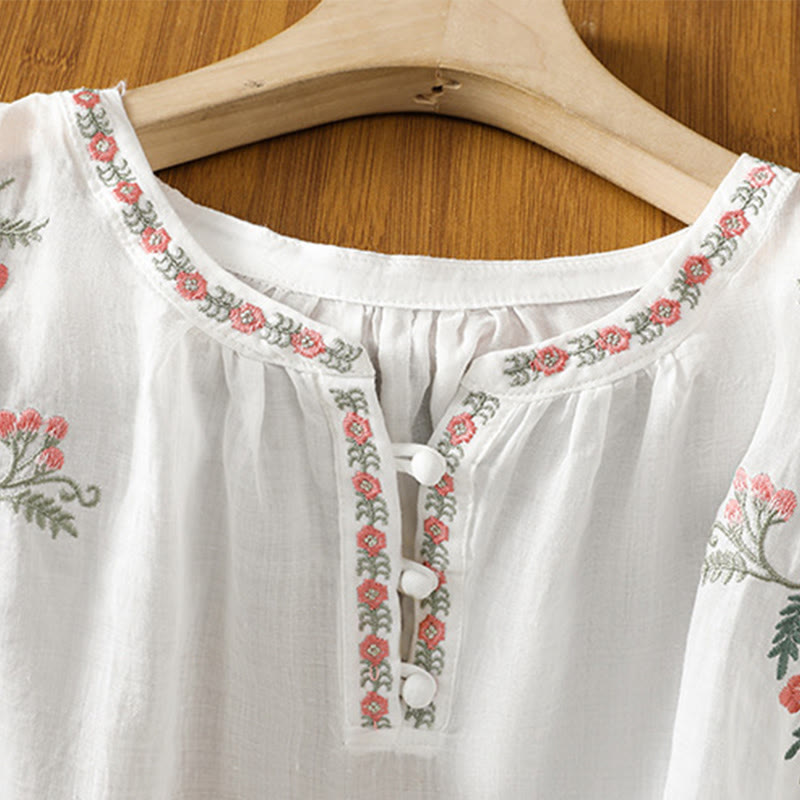 Buddha Stones Embroidery Button Three Quarter Sleeve Notched Neck Women's Cotton Shirt - image 19