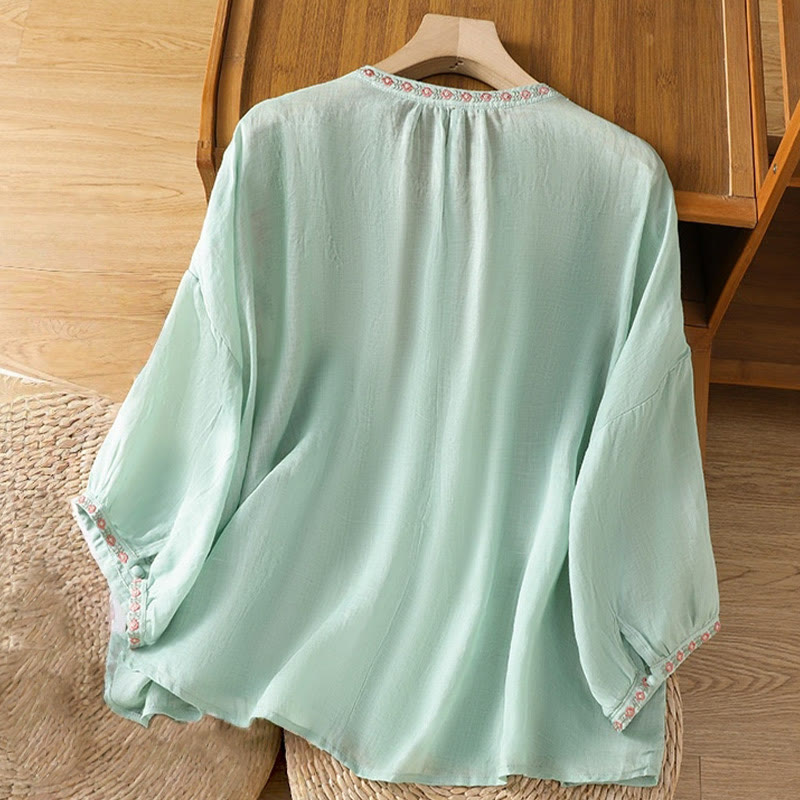 Buddha Stones Embroidery Button Three Quarter Sleeve Notched Neck Women's Cotton Shirt - image 26