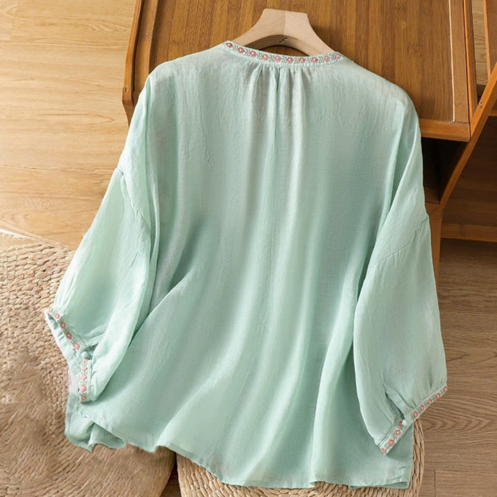 Buddha Stones Embroidery Button Three Quarter Sleeve Notched Neck Women's Cotton Shirt - image 26