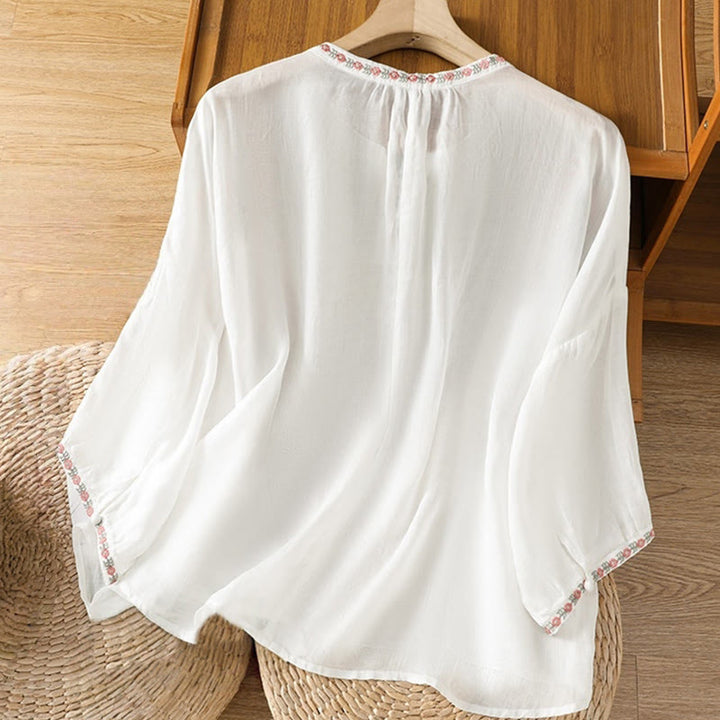 Buddha Stones Embroidery Button Three Quarter Sleeve Notched Neck Women's Cotton Shirt - image 17