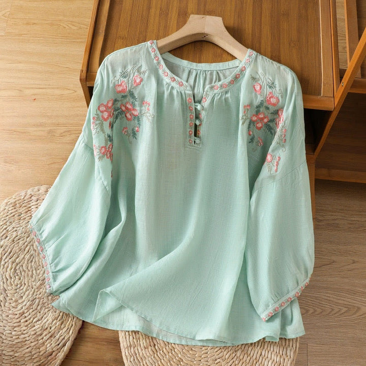 Buddha Stones Embroidery Button Three Quarter Sleeve Notched Neck Women's Cotton Shirt - Aquamarine - US12,UK/AU16,EU44 (2XL) - image 25