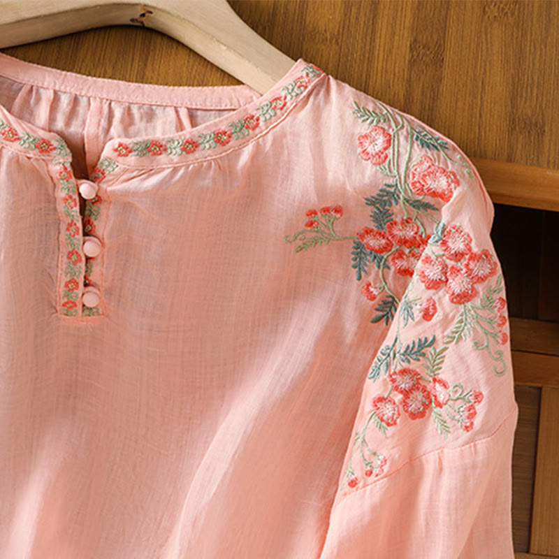 Buddha Stones Embroidery Button Three Quarter Sleeve Notched Neck Women's Cotton Shirt - image 11