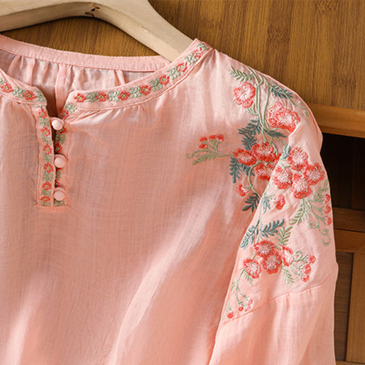 Buddha Stones Embroidery Button Three Quarter Sleeve Notched Neck Women's Cotton Shirt - image 11