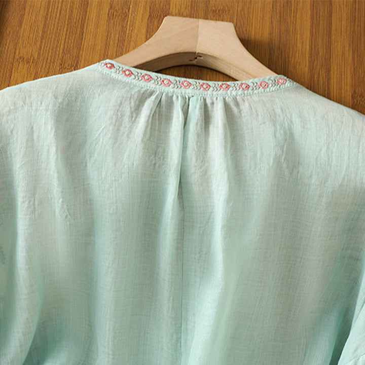 Buddha Stones Embroidery Button Three Quarter Sleeve Notched Neck Women's Cotton Shirt - image 29