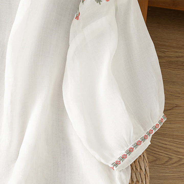 Buddha Stones Embroidery Button Three Quarter Sleeve Notched Neck Women's Cotton Shirt - image 23