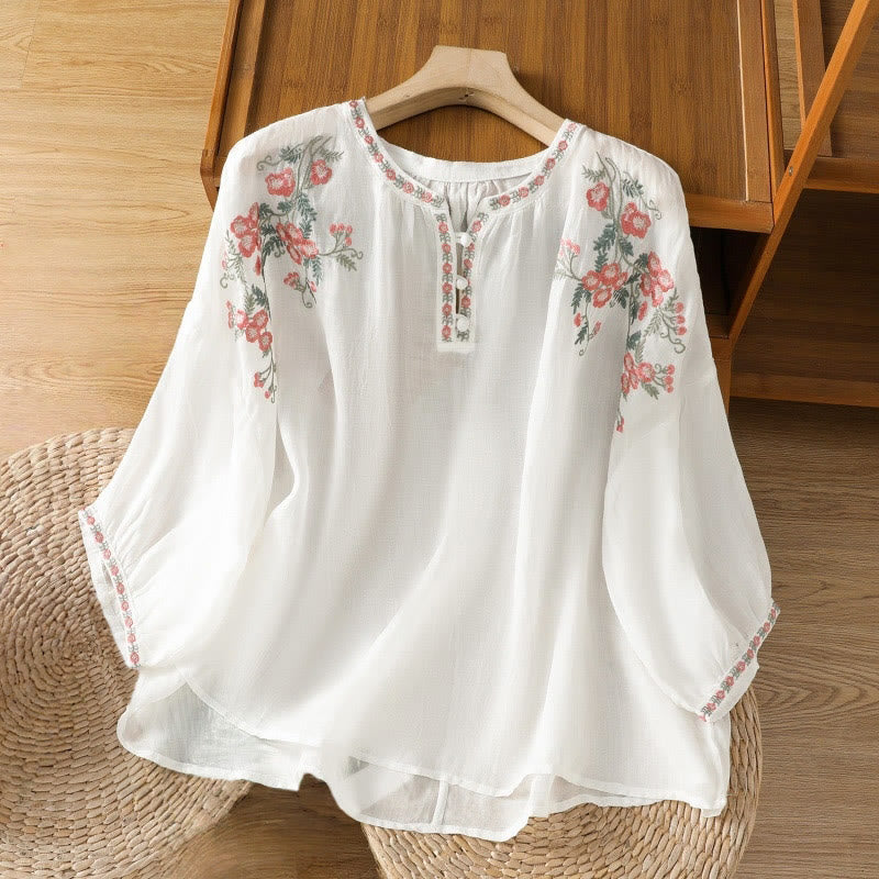 Buddha Stones Embroidery Button Three Quarter Sleeve Notched Neck Women's Cotton Shirt - White - US12,UK/AU16,EU44 (2XL) - image 16