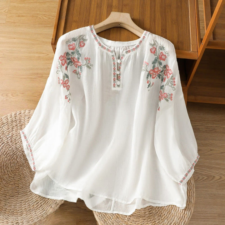Buddha Stones Embroidery Button Three Quarter Sleeve Notched Neck Women's Cotton Shirt - White - US12,UK/AU16,EU44 (2XL) - image 16