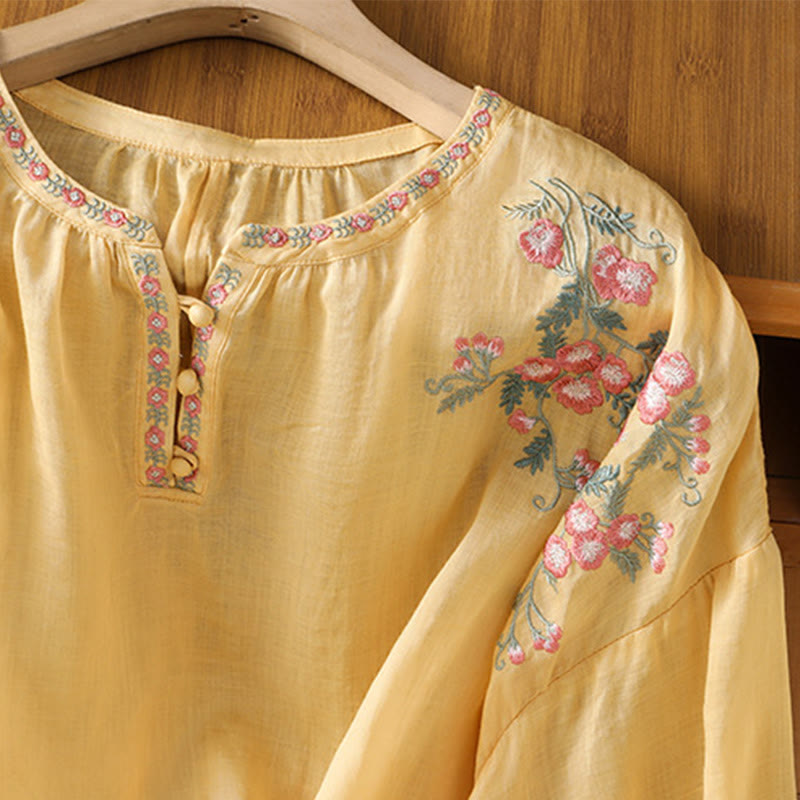 Buddha Stones Embroidery Button Three Quarter Sleeve Notched Neck Women's Cotton Shirt - image 5