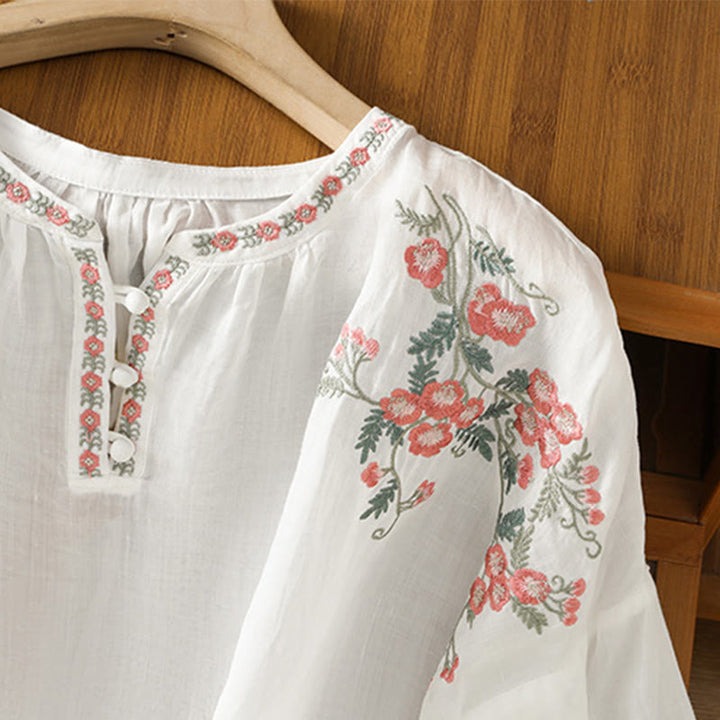 Buddha Stones Embroidery Button Three Quarter Sleeve Notched Neck Women's Cotton Shirt - image 20