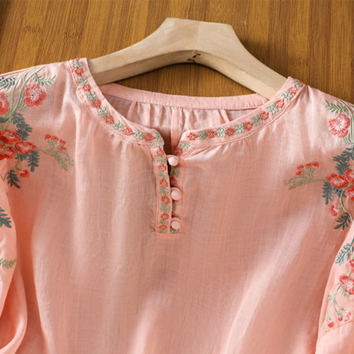 Buddha Stones Embroidery Button Three Quarter Sleeve Notched Neck Women's Cotton Shirt - image 10