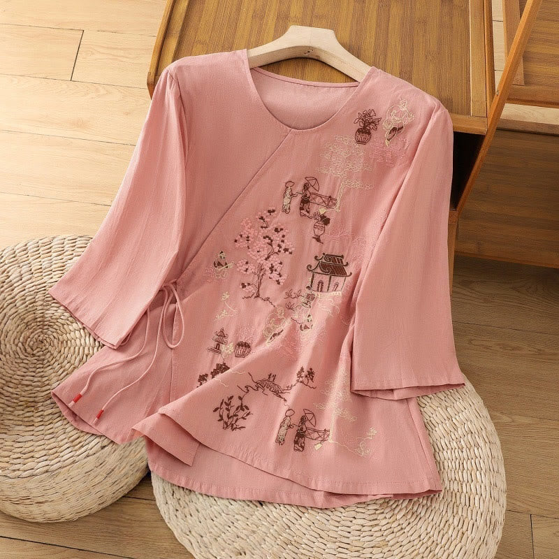 Buddha Stones Retro Embroidery Lace-Up Women's Three Quarter Sleeve Cotton Linen T-Shirt - Salmon - US12,UK/AU16,EU44 (2XL) - image 8