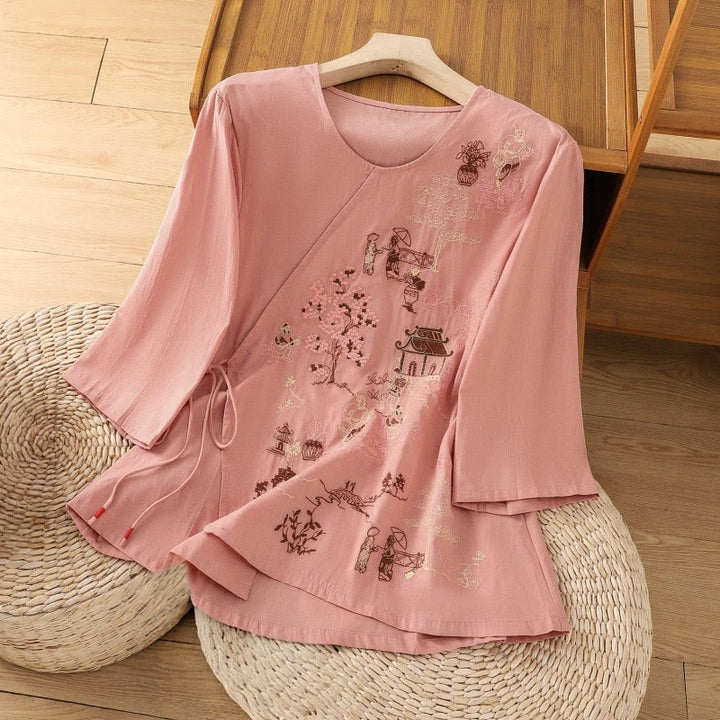 Buddha Stones Retro Embroidery Lace-Up Women's Three Quarter Sleeve Cotton Linen T-Shirt - Salmon - US12,UK/AU16,EU44 (2XL) - image 8