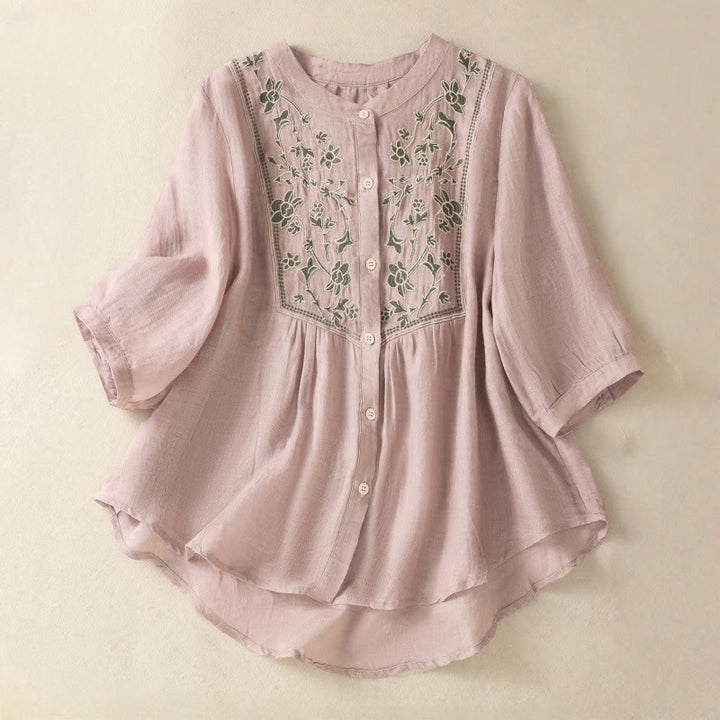 Buddha Stones Embroidery Single Breasted Women's Cotton Linen Three Quarter Sleeve Shirt - RosyBrown - US12,UK/AU16,EU44 (2XL) - image 10