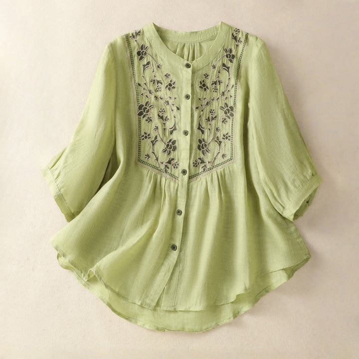Buddha Stones Embroidery Single Breasted Women's Cotton Linen Three Quarter Sleeve Shirt - LightGreen - US12,UK/AU16,EU44 (2XL) - image 0