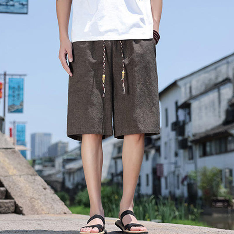 Buddha Stones Weaving Waist Rope Beads Cropped Linen Men's Shorts With Pockets - SaddleBrown - US18,UK/AU22,EU50 (5XL) - image 8