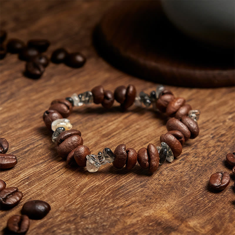 Buddha Stones Natural Coffee Beans Black Obsidian Rutilated Quartz Strength Bracelet - image 9