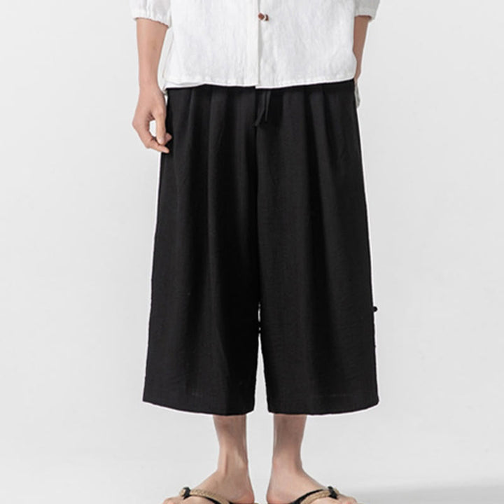 Buddha Stones Casual Loose Frog-Button Plain Men's Cotton 7-8 Length Wide Leg Pants With Pockets - Black - US/UK/AU46,EU56 (5XL) - image 16