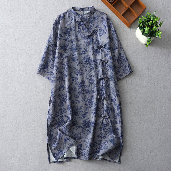 Buddha Stones Flower Leaf Print Frog-Button Half Sleeve Mandarin Collar Cotton Midi Dress - RoyalBlue - US8-10,UK/AU12-14,EU40-42 (2XL) - image 1