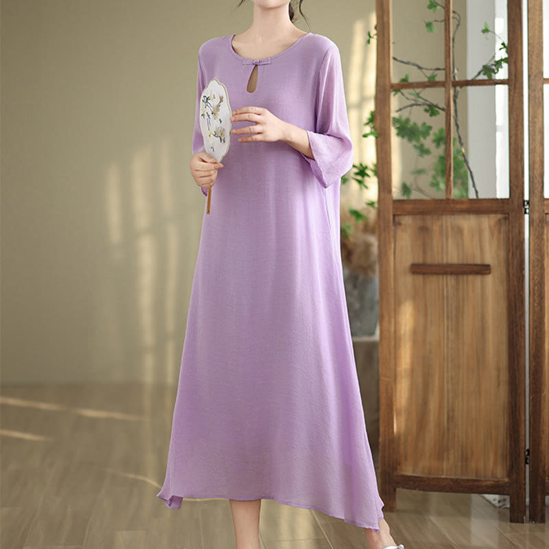 Buddha Stones Casual Plain Frog-Button Crew Neck Three Quarter Sleeve Cotton Midi Dress - Plum - US8-10,UK/AU12-14,EU40-42 (2XL) - image 1