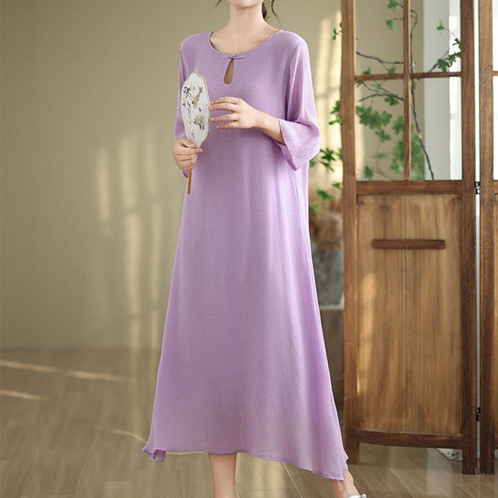 Buddha Stones Casual Plain Frog-Button Crew Neck Three Quarter Sleeve Cotton Midi Dress - Plum - US8-10,UK/AU12-14,EU40-42 (2XL) - image 1