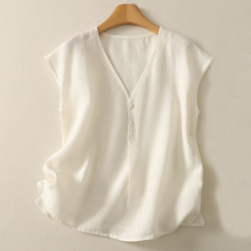 Buddha Stones Retro V-Neck Button Design Women's Cotton Sleeveless Vest - Linen - US8-10,UK/AU12-14,EU40-42 (2XL) - image 6