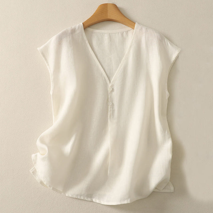 Buddha Stones Retro V-Neck Button Design Women's Cotton Sleeveless Vest - Linen - US8-10,UK/AU12-14,EU40-42 (2XL) - image 6