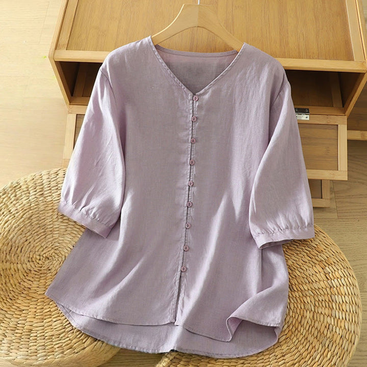 Buddha Stones Solid Buttons V-Neck Half Sleeve Women's Shirt - Thistle - US12,UK/AU16,EU44 (2XL) - image 27