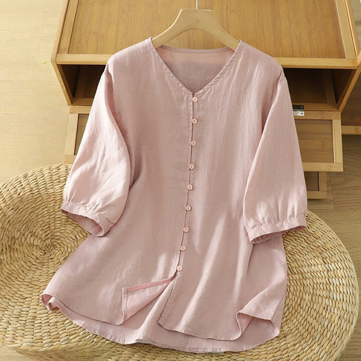 Buddha Stones Solid Buttons V-Neck Half Sleeve Women's Shirt - LightPink - US12,UK/AU16,EU44 (2XL) - image 1