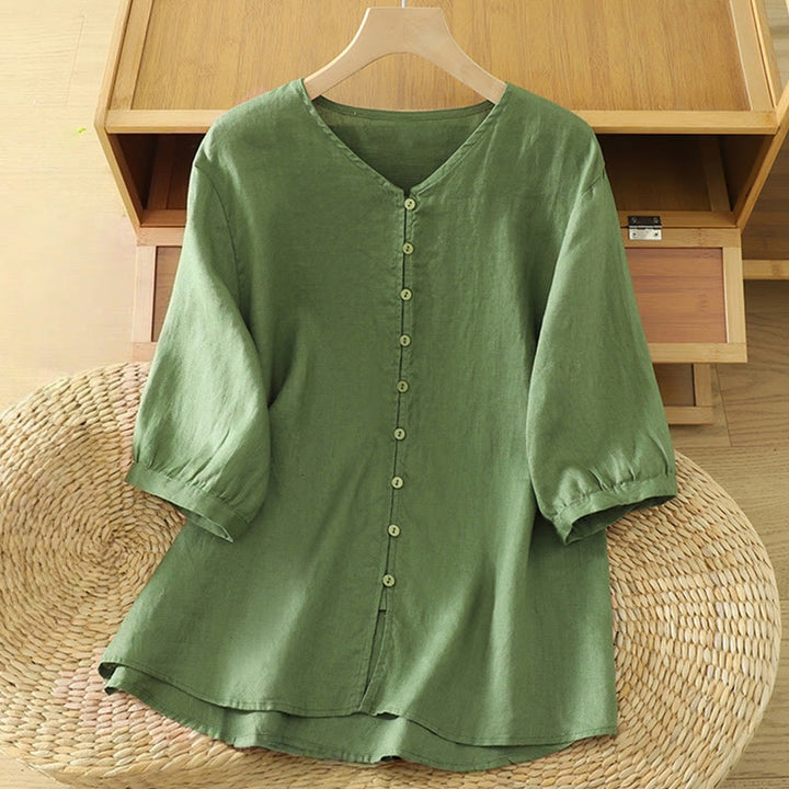 Buddha Stones Solid Buttons V-Neck Half Sleeve Women's Shirt - DarkSeaGreen - US12,UK/AU16,EU44 (2XL) - image 17