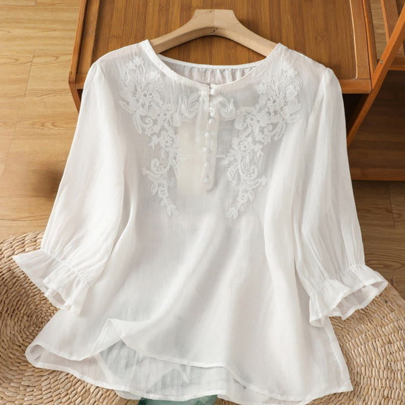 Buddha Stones Flower Vines Embroidery Button Crew Neck Three Quarter Sleeve Women's Cotton Shirt - White - US12,UK/AU16,EU44 (2XL) - image 10