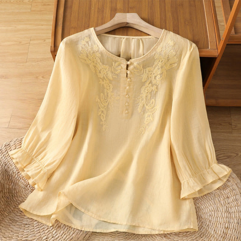 Buddha Stones Flower Vines Embroidery Button Crew Neck Three Quarter Sleeve Women's Cotton Shirt - Khaki - US12,UK/AU16,EU44 (2XL) - image 1