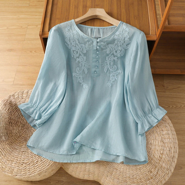 Buddha Stones Flower Vines Embroidery Button Crew Neck Three Quarter Sleeve Women's Cotton Shirt - LightBlue - US12,UK/AU16,EU44 (2XL) - image 26
