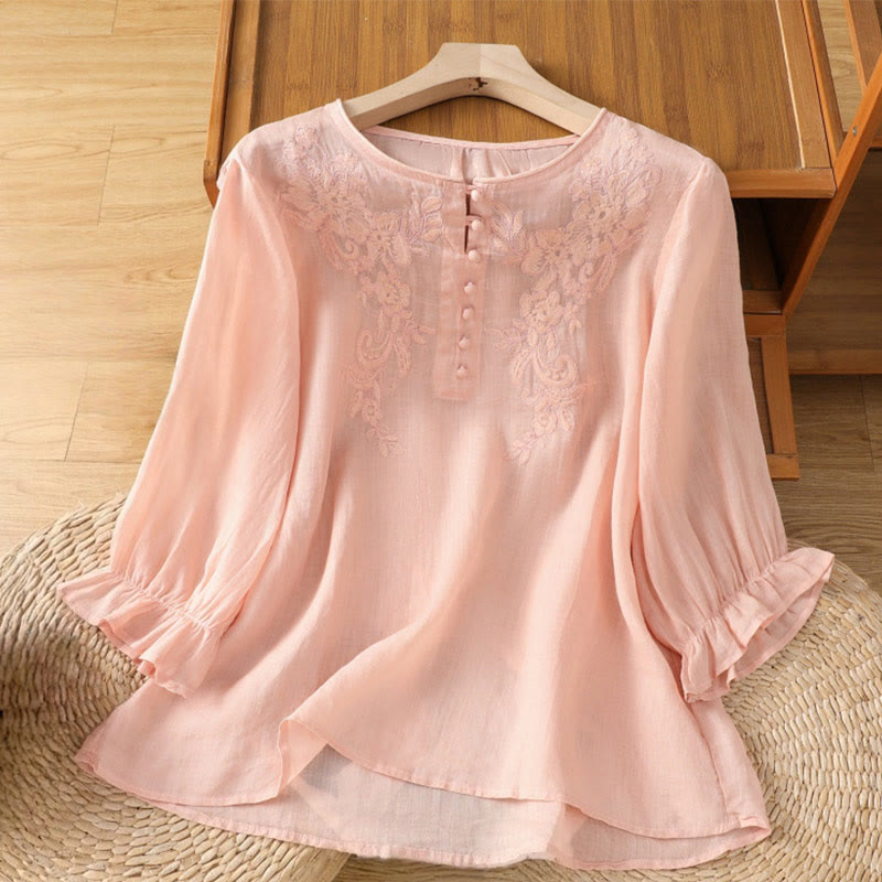 Buddha Stones Flower Vines Embroidery Button Crew Neck Three Quarter Sleeve Women's Cotton Shirt - LightPink - US12,UK/AU16,EU44 (2XL) - image 18