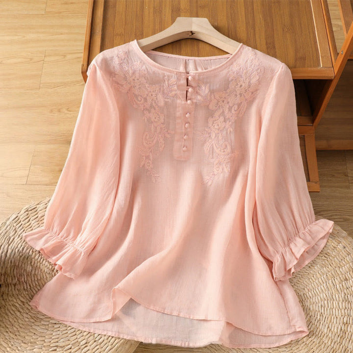 Buddha Stones Flower Vines Embroidery Button Crew Neck Three Quarter Sleeve Women's Cotton Shirt - LightPink - US12,UK/AU16,EU44 (2XL) - image 18