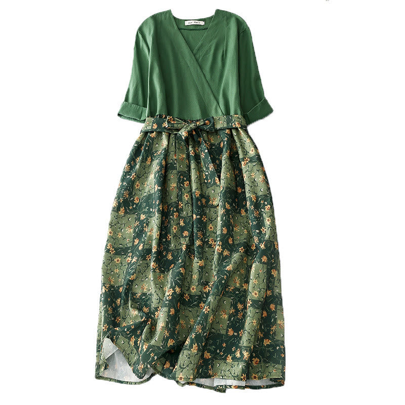 Buddha Stones Spring Flower Printed V-neck Half Sleeve Cotton Linen Midi Dress With Pockets - Green - US8-10,UK/AU12-14,EU40-42 (2XL) - image 1