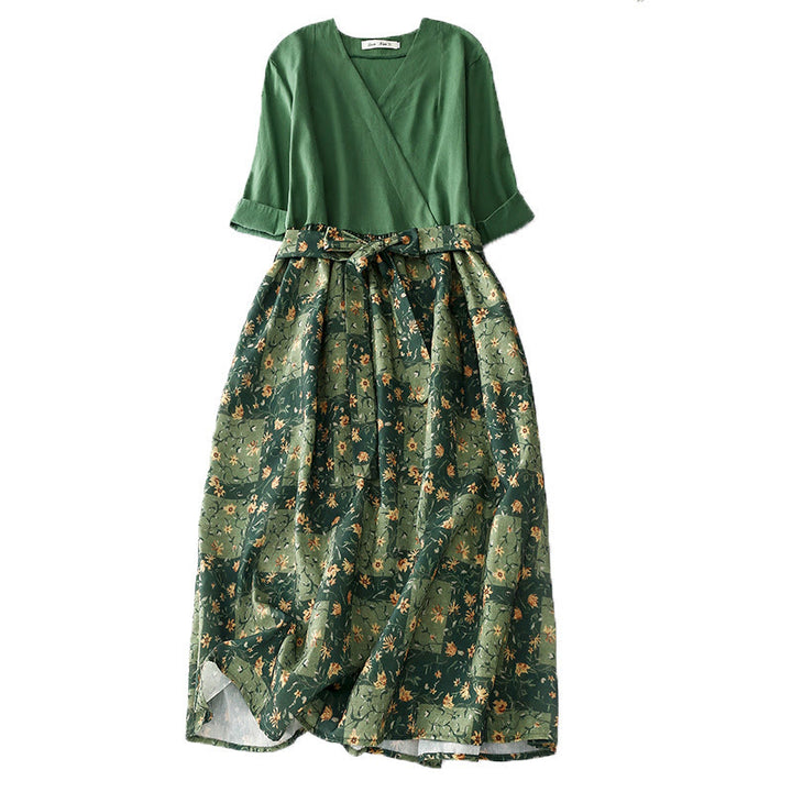Buddha Stones Spring Flower Printed V-neck Half Sleeve Cotton Linen Midi Dress With Pockets - Green - US8-10,UK/AU12-14,EU40-42 (2XL) - image 1