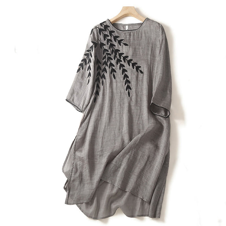Buddha Stones Casual Embroidery Split Three Quarter Sleeve Cotton Linen Midi Dress - DarkGray - US8-10,UK/AU12-14,EU40-42 (2XL) - image 12