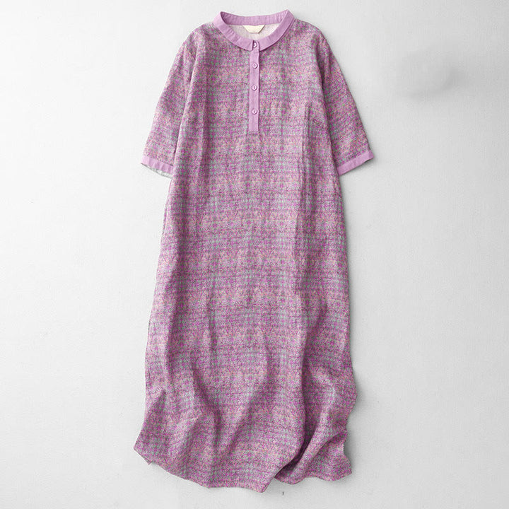 Buddha Stones Commute Printing Floral Pattern Short Sleeve Cotton Linen Midi Dress With Pockets - Orchid - US8-10,UK/AU12-14,EU40-42 (2XL) - image 1