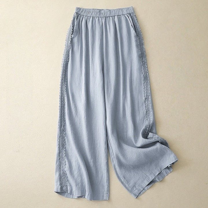 Buddha Stones Plain Color Lace Stitching Cotton Linen Women's Wide Leg Pants With Pockets - LightSkyBlue - US8-10,UK/AU12-14,EU40-42 (2XL) - image 0