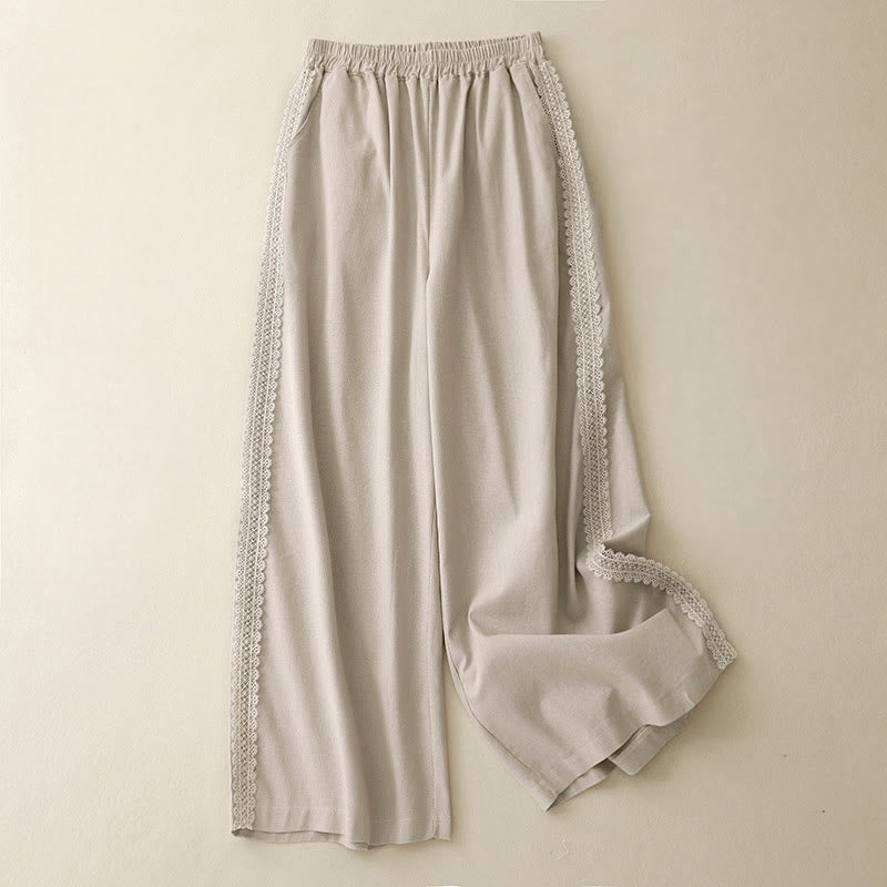 Buddha Stones Plain Color Lace Stitching Cotton Linen Women's Wide Leg Pants With Pockets - Beige - US8-10,UK/AU12-14,EU40-42 (2XL) - image 8