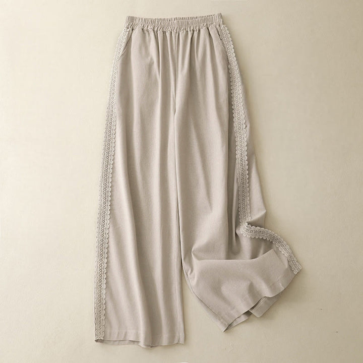 Buddha Stones Plain Color Lace Stitching Cotton Linen Women's Wide Leg Pants With Pockets - Beige - US8-10,UK/AU12-14,EU40-42 (2XL) - image 8