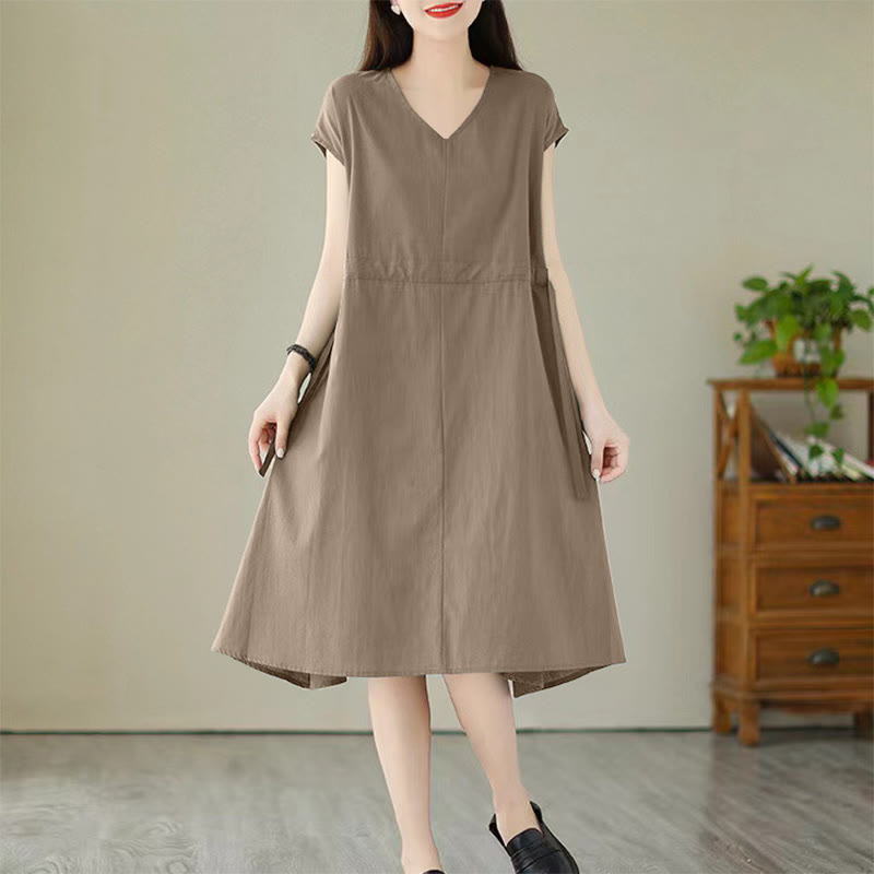 Buddha Stones Pure Color Lace-Up Short Sleeve Cotton Linen Midi Dress With Pockets - DarkKhaki - US12,UK/AU16,EU44 (3XL) - image 13