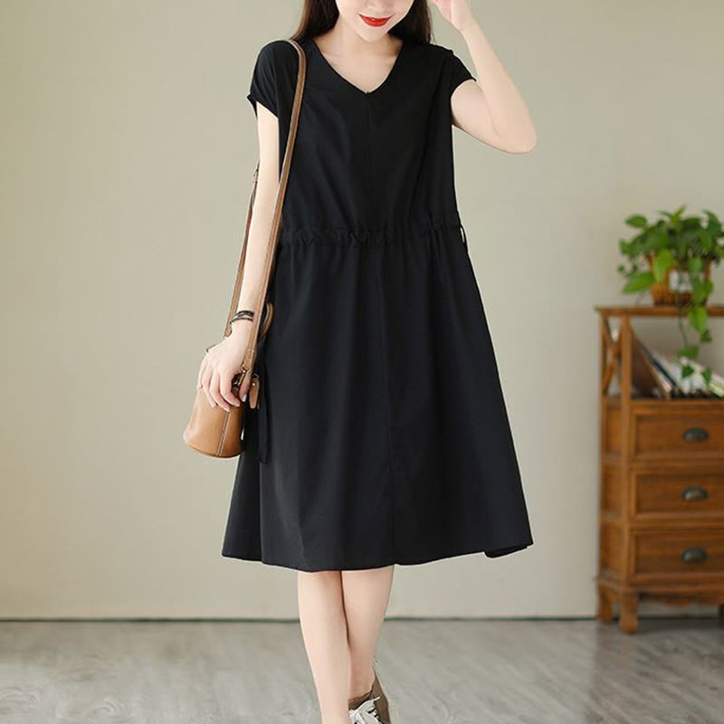 Buddha Stones Pure Color Lace-Up Short Sleeve Cotton Linen Midi Dress With Pockets - Black - US12,UK/AU16,EU44 (3XL) - image 17