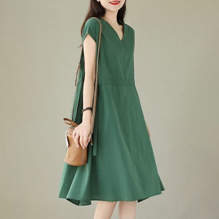 Buddha Stones Pure Color Lace-Up Short Sleeve Cotton Linen Midi Dress With Pockets - image 2