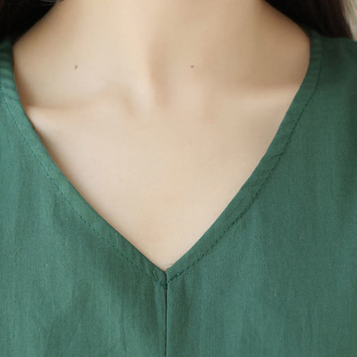 Buddha Stones Pure Color Lace-Up Short Sleeve Cotton Linen Midi Dress With Pockets - image 8