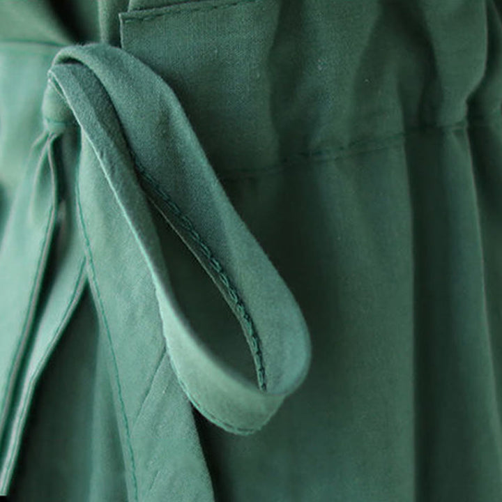 Buddha Stones Pure Color Lace-Up Short Sleeve Cotton Linen Midi Dress With Pockets - image 9