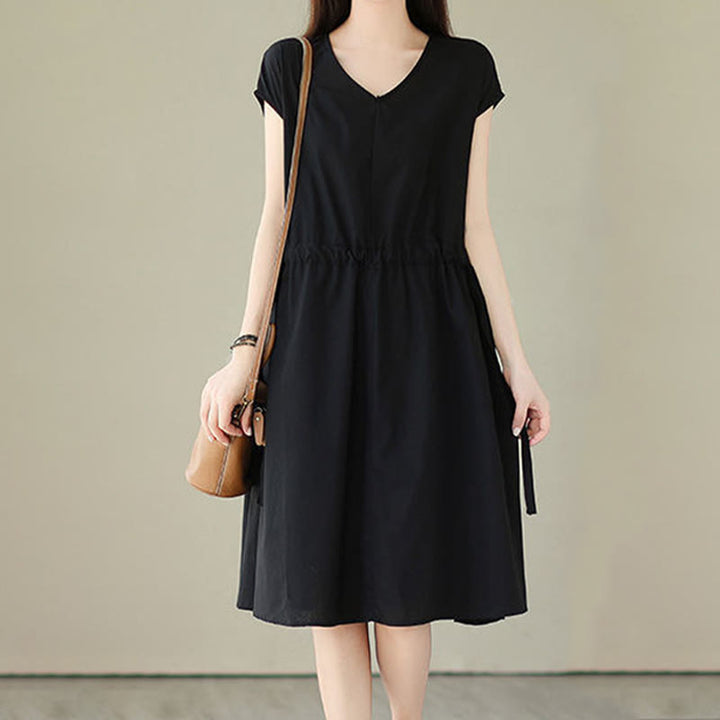 Buddha Stones Pure Color Lace-Up Short Sleeve Cotton Linen Midi Dress With Pockets - image 20